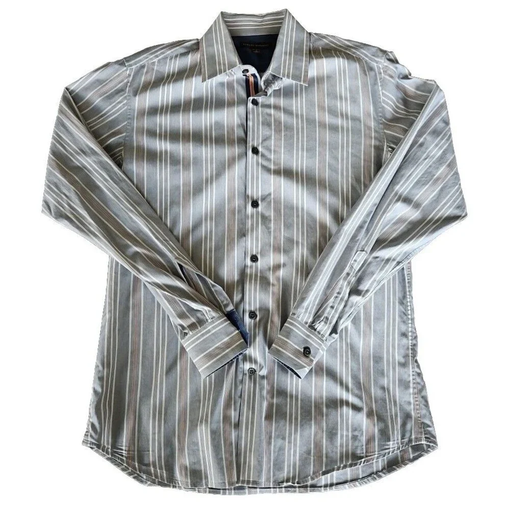 Banana Republic Mens Small 14-14 1/2 Button Front L/S White Blue Stripe Orange